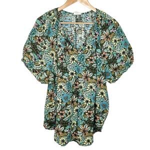 Ana Floral Print Puff Sleeve Top Womens 3X Colorful Spring Summer Boho Cotton